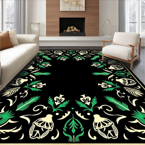 Black Cream Green Floral Frame Rug