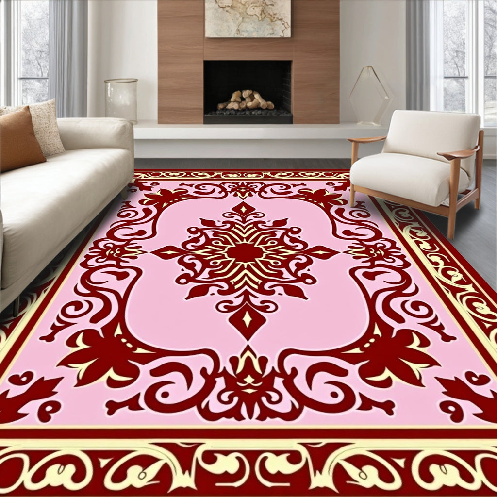 Crimson Floral Swirl Pink Medallion Rug