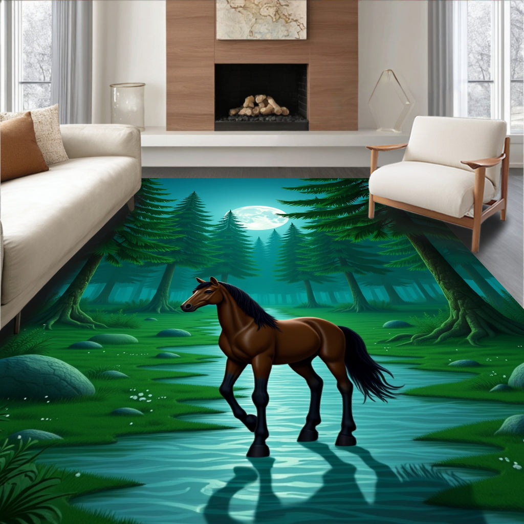 Mystical Forest Horse Moonlit Stream Rug