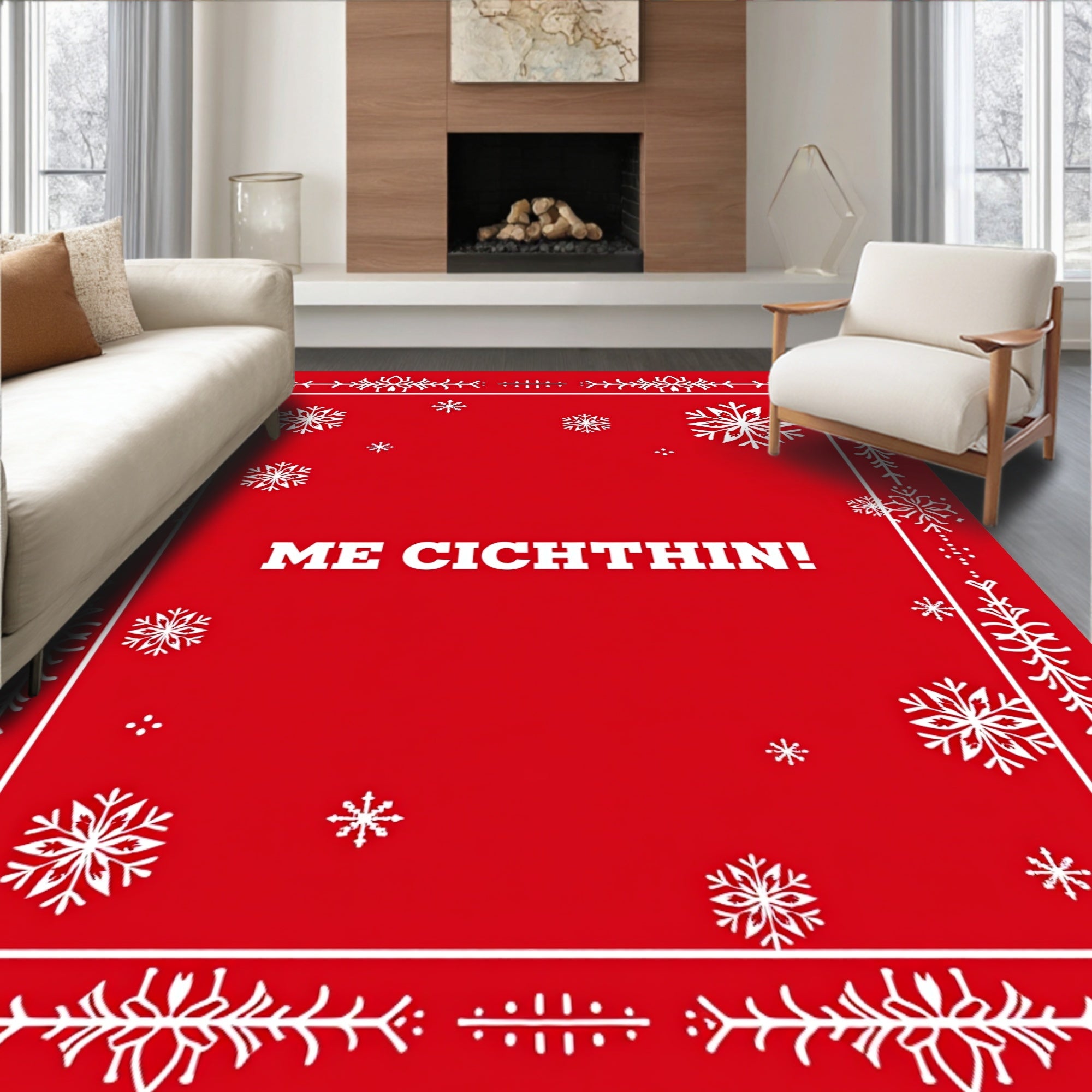 Red White Snowflake Winter Border Rug