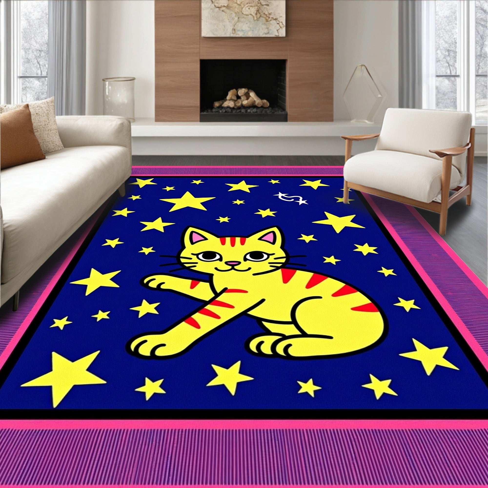 Yellow Cat Among Yellow Stars Rug