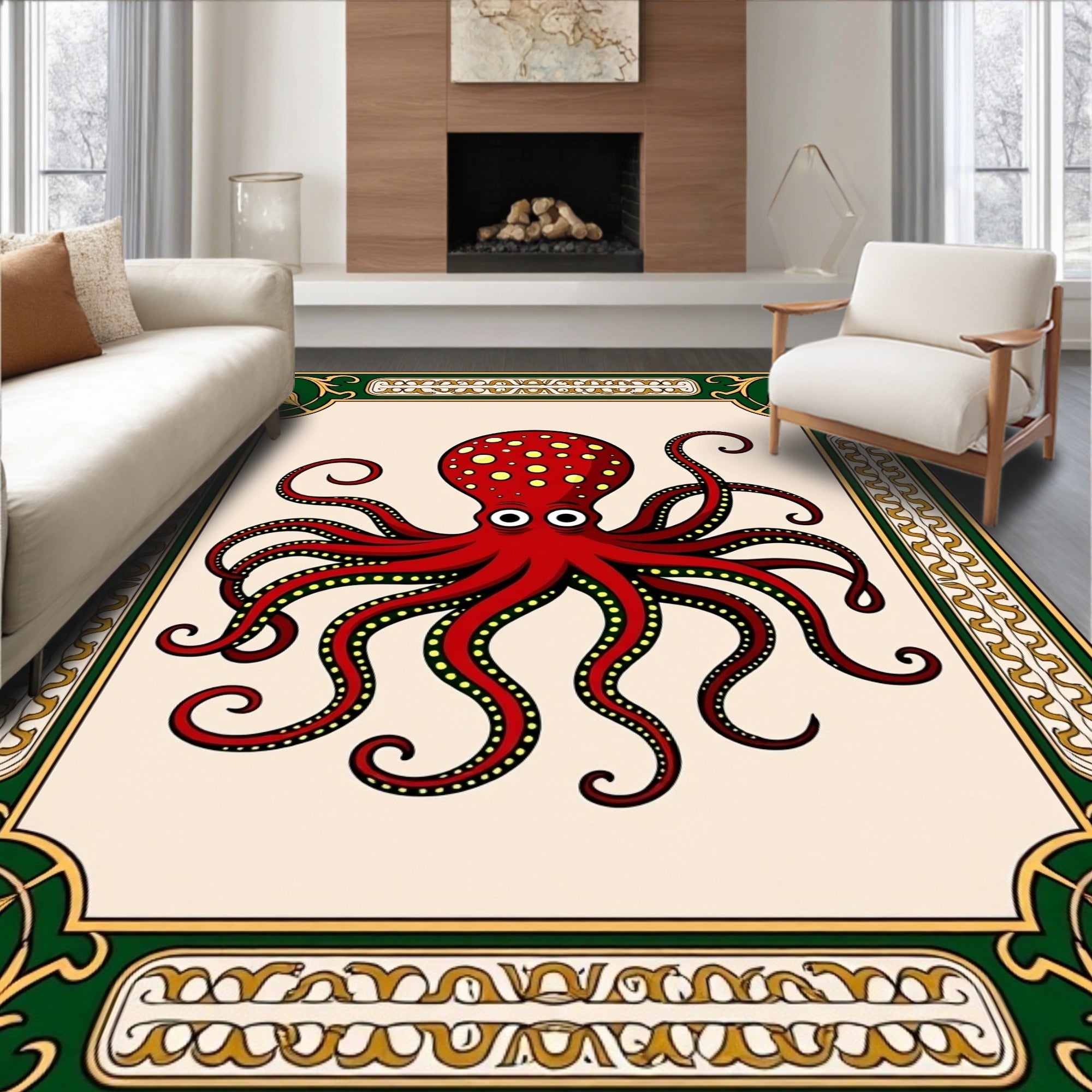 Crimson Octopus Floral Frame Rug
