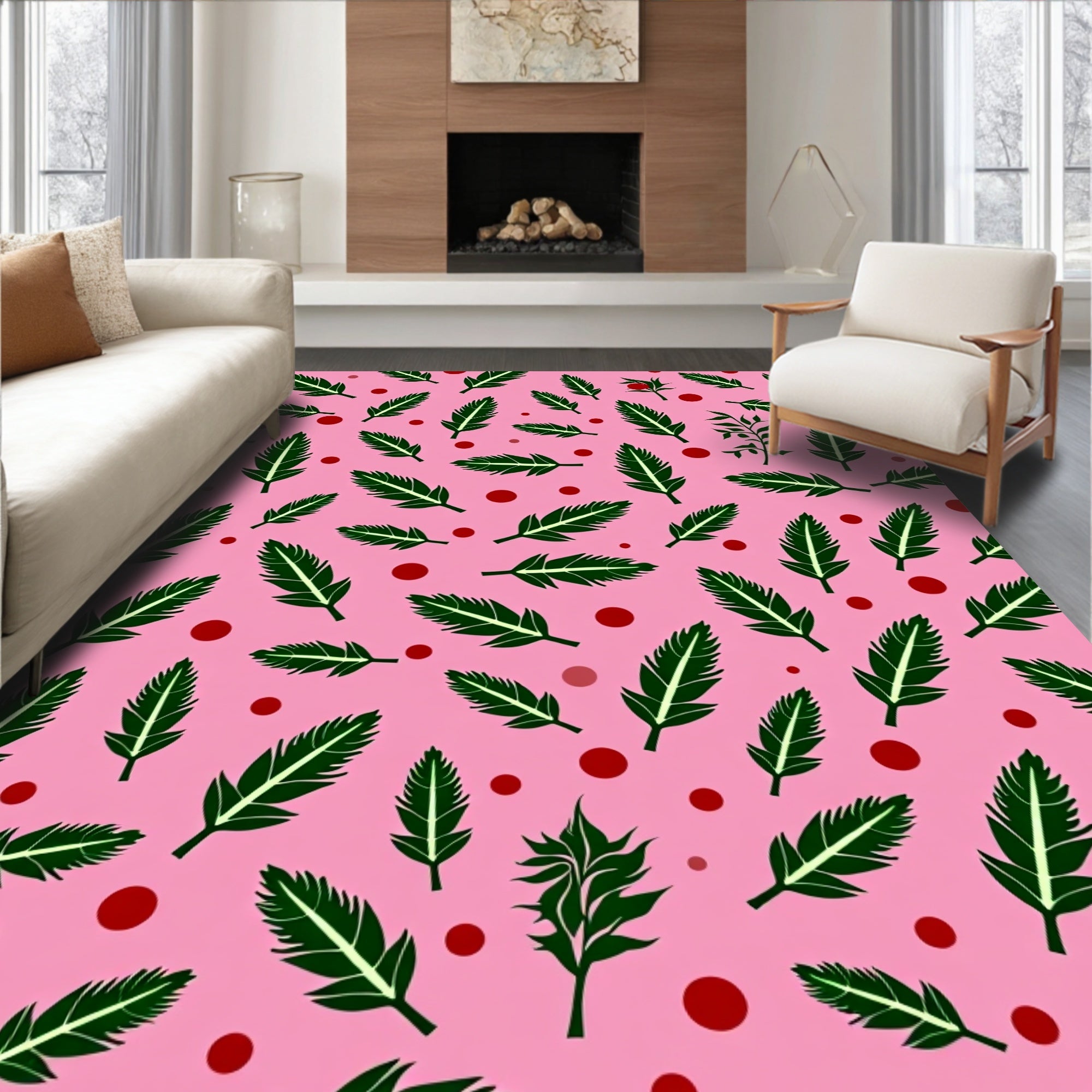 Whimsical Green Feather Pink Background Rug