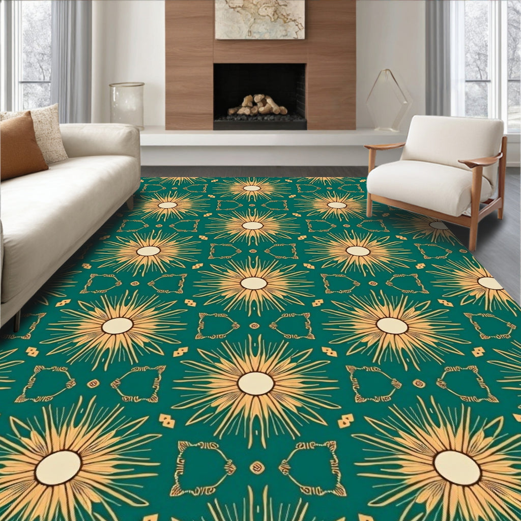 Golden Sunburst Teal Medallion Rug