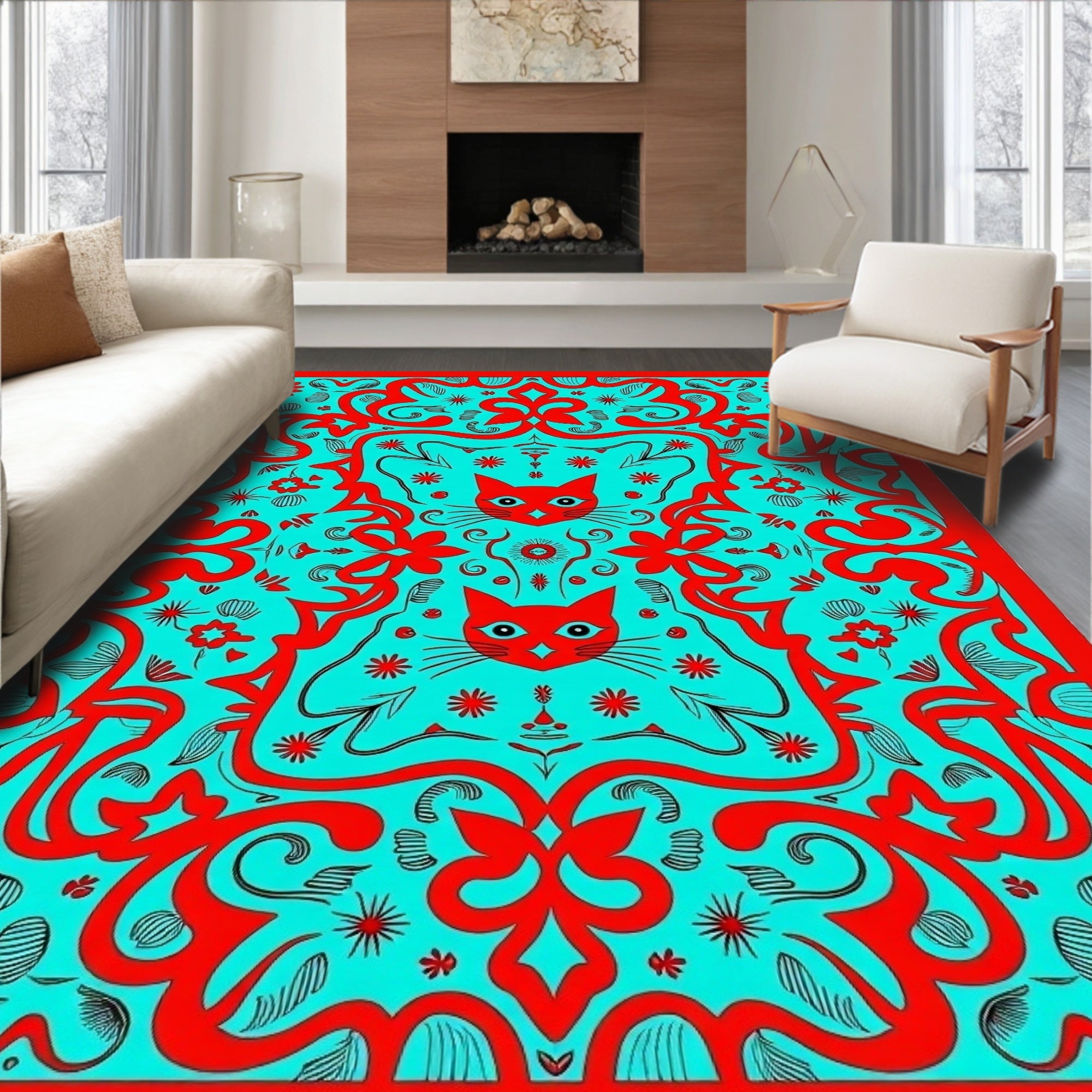 Red Teal Whimsical Floral Cat Rug