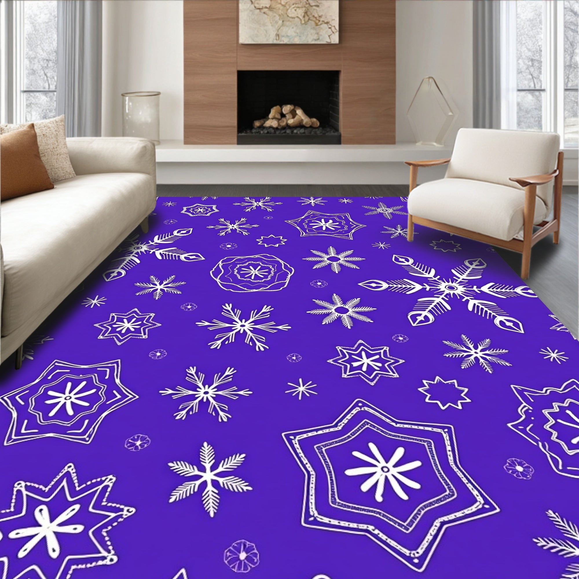 Winter Snowflakes Purple White Abstract Rug
