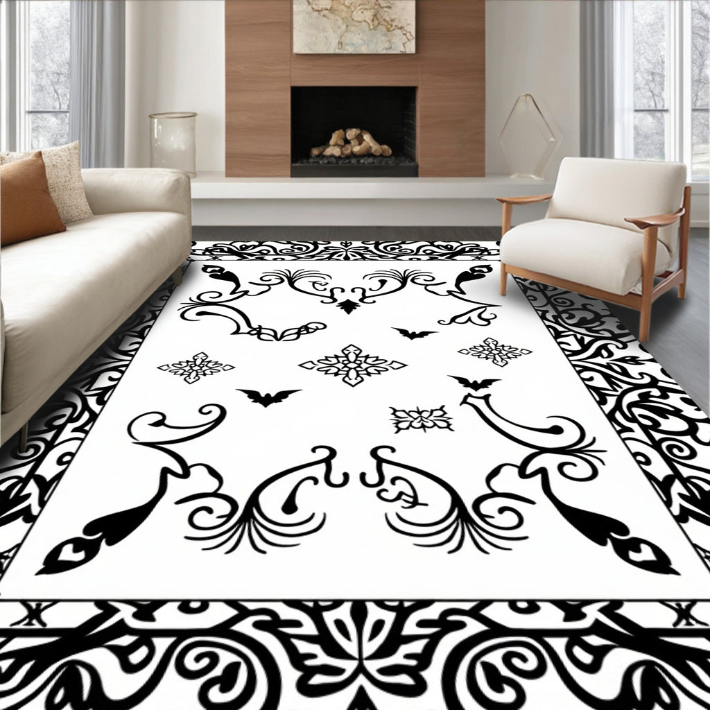 Gothic Black Ornamental Scroll Bat Rug