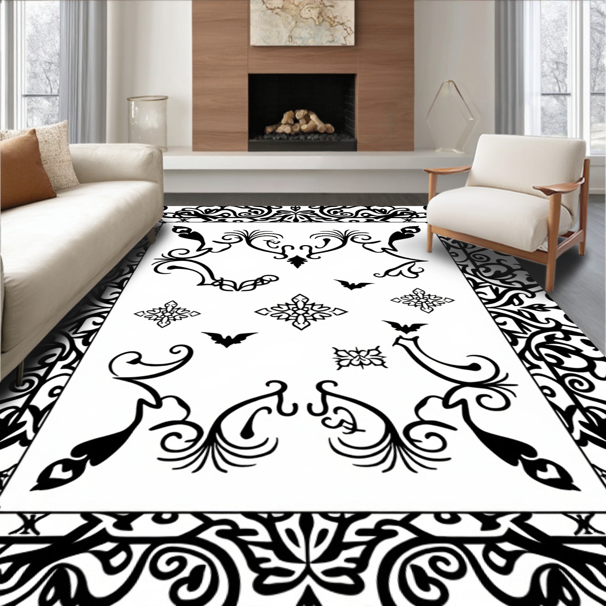 Gothic Black Ornamental Scroll Bat Rug