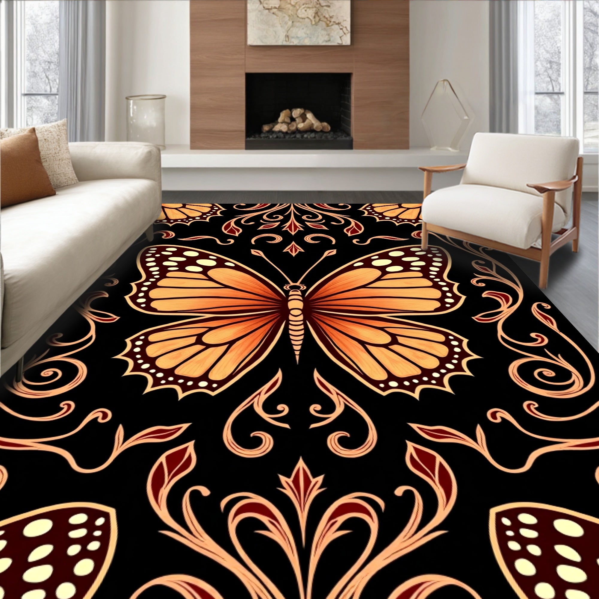 Vibrant Orange Butterfly Damask Rug
