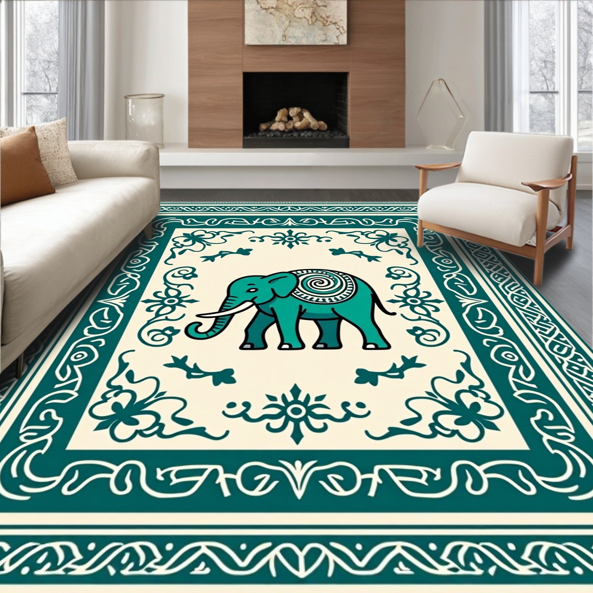 Teal Elephant Ivory Border Medallion Rug