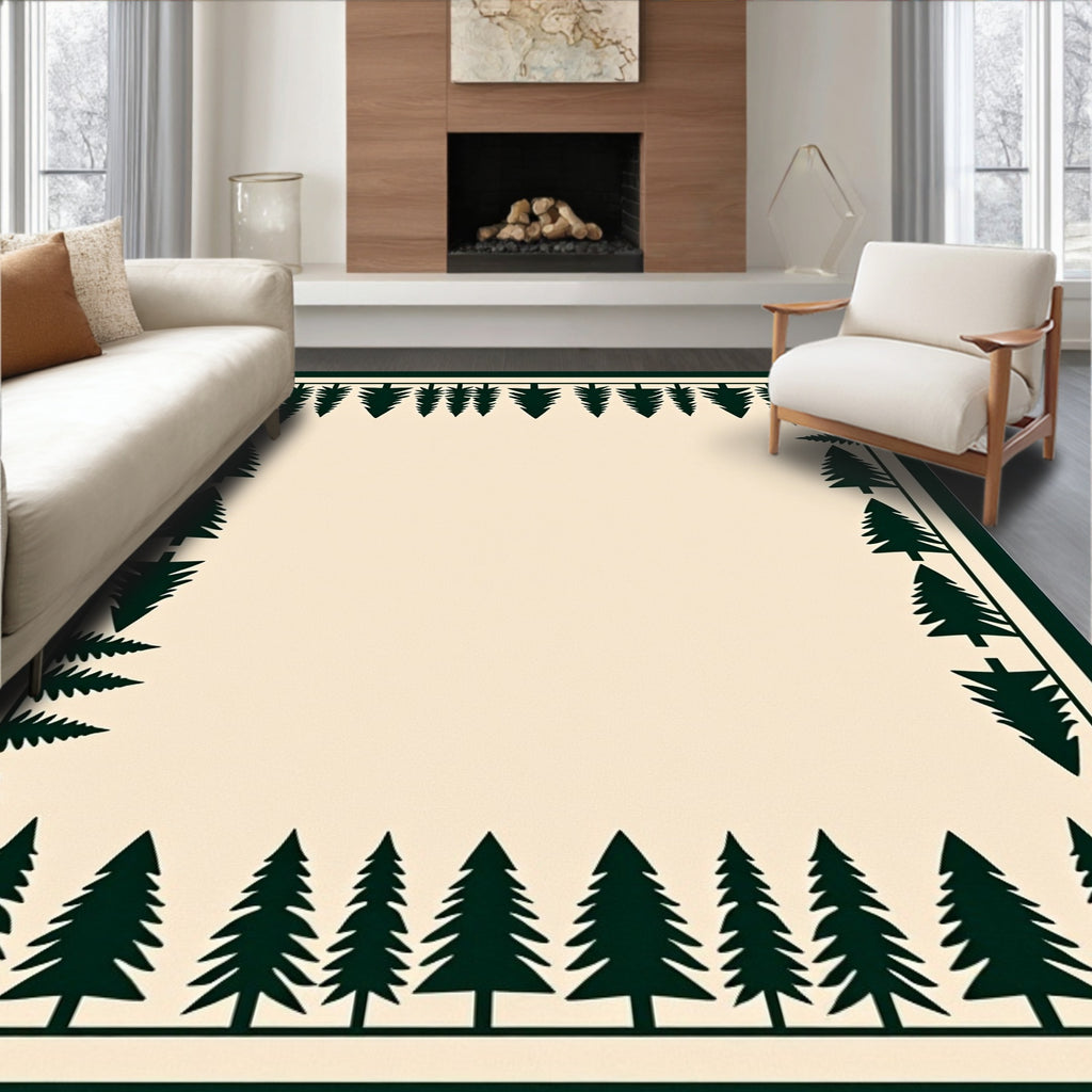 Dark Green Pine Forest Border Rug