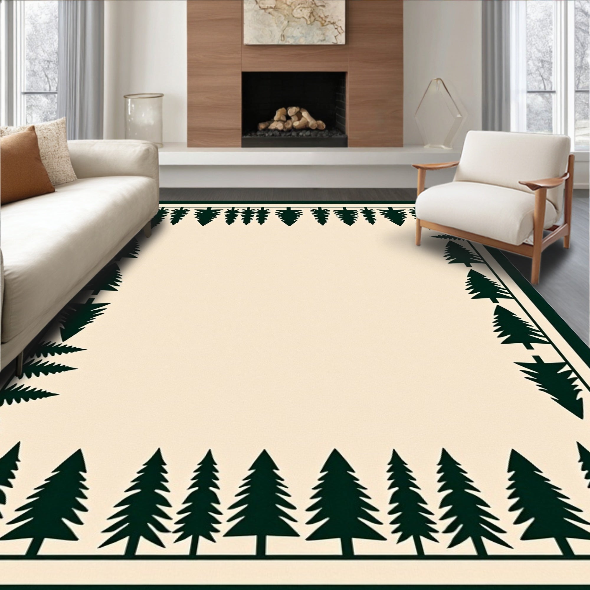 Dark Green Pine Forest Border Rug