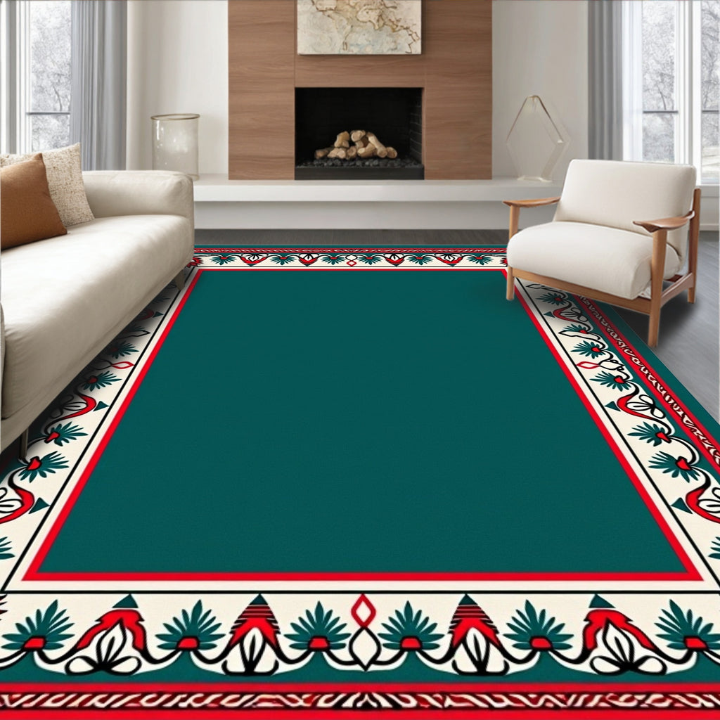 Deep Teal Traditional Floral Border Rug