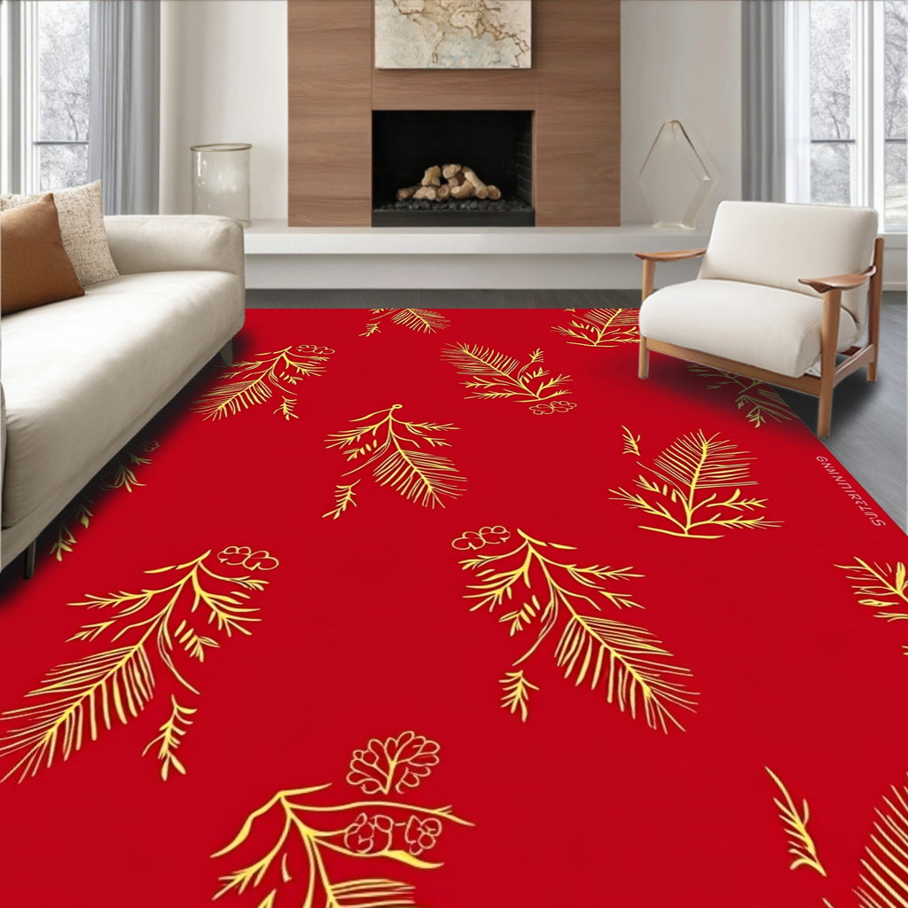Red Gold Botanical Branch Arrangement Rug