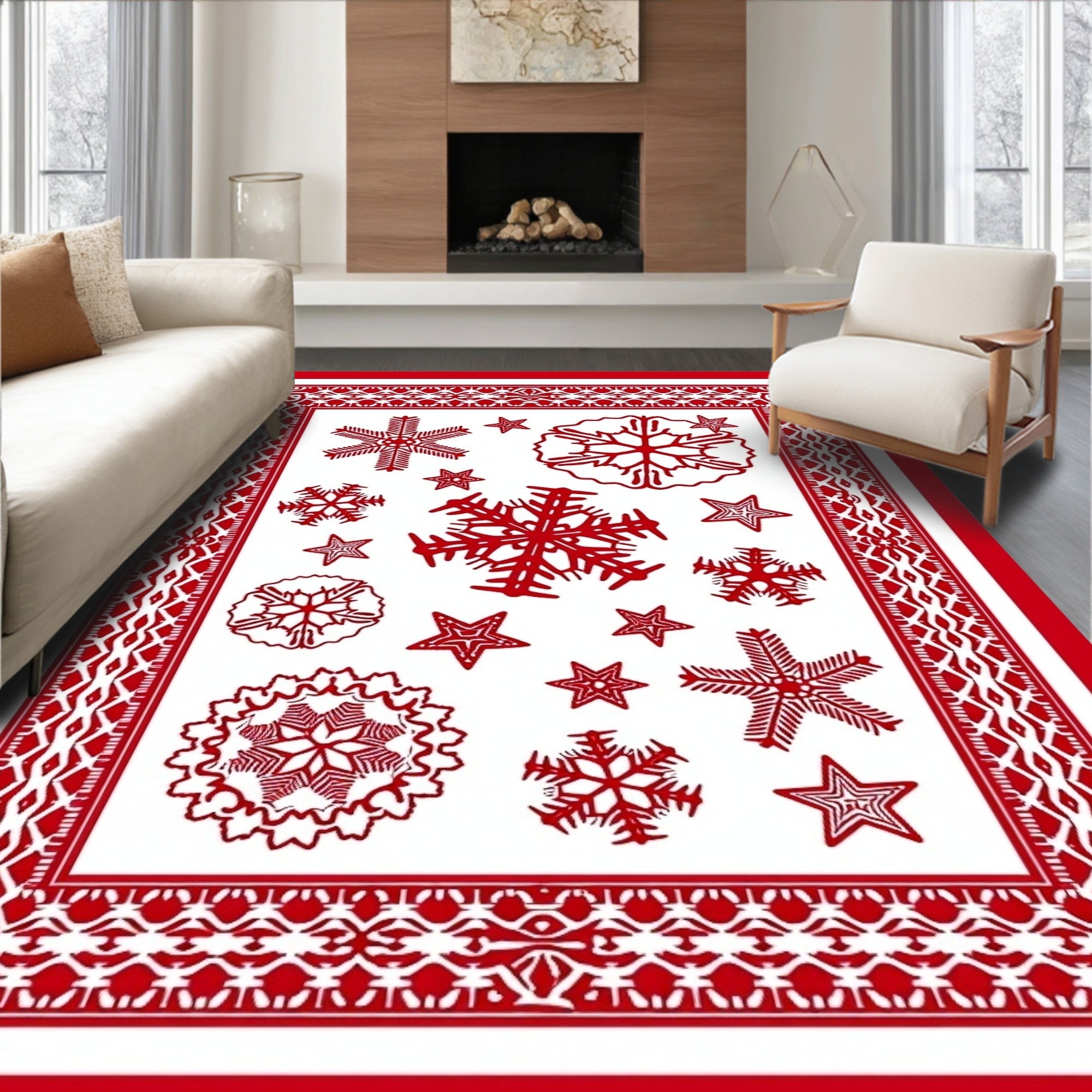 Red Snowflakes Bordered Textile Rug