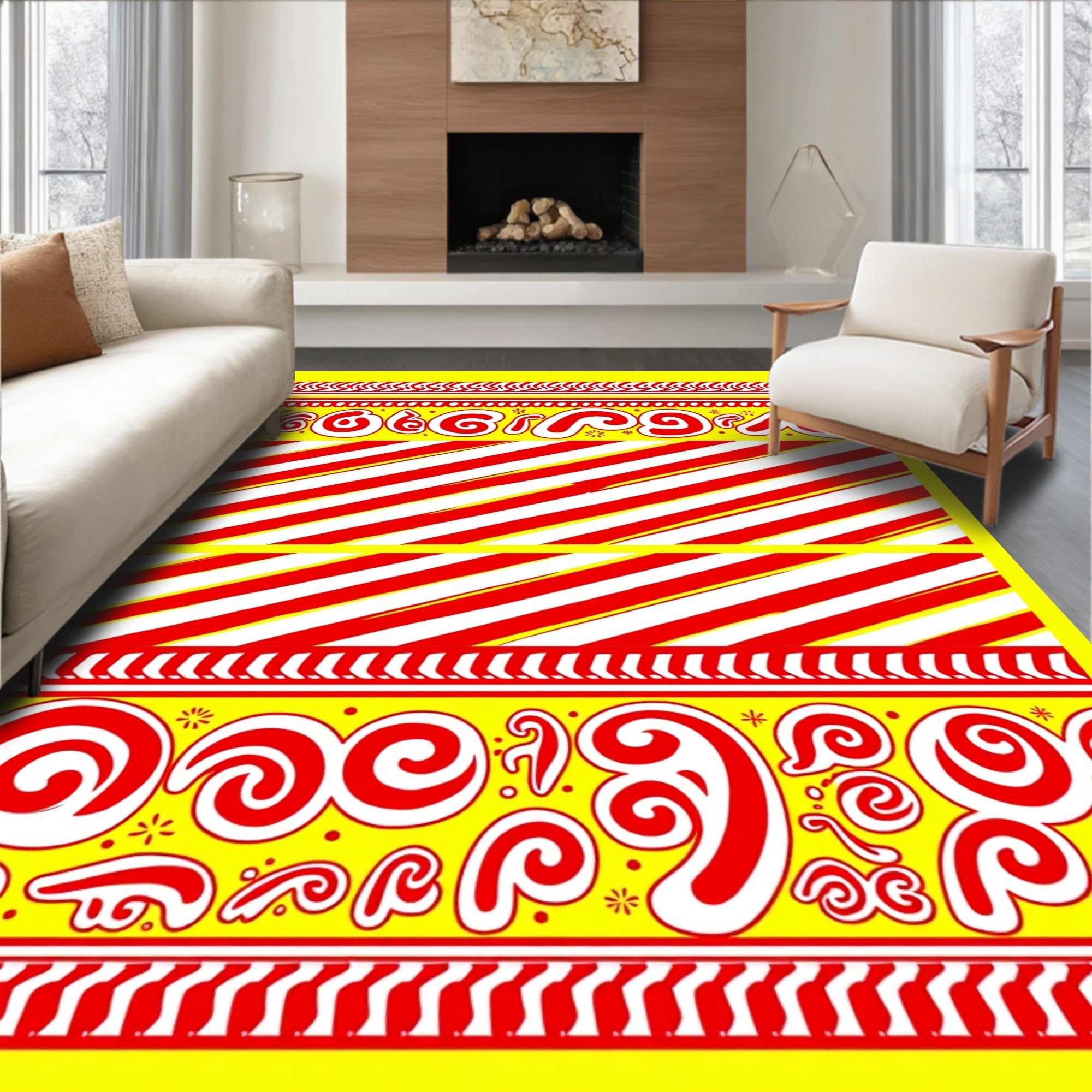 Vibrant Red Swirl Stripe Border Rug