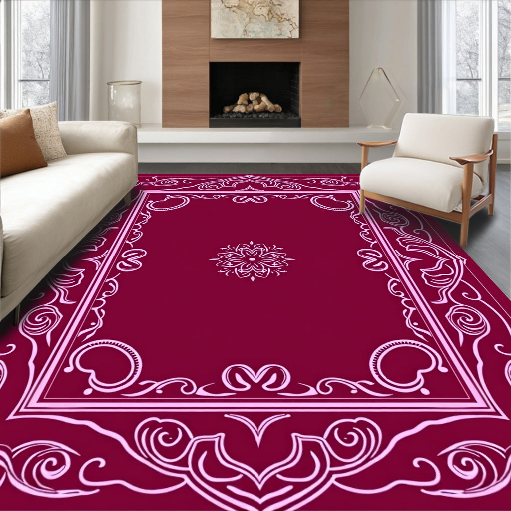 Rich Magenta Floral Scroll Frame Rug