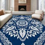 Navy Blue White Floral Medallion Mandala Rug