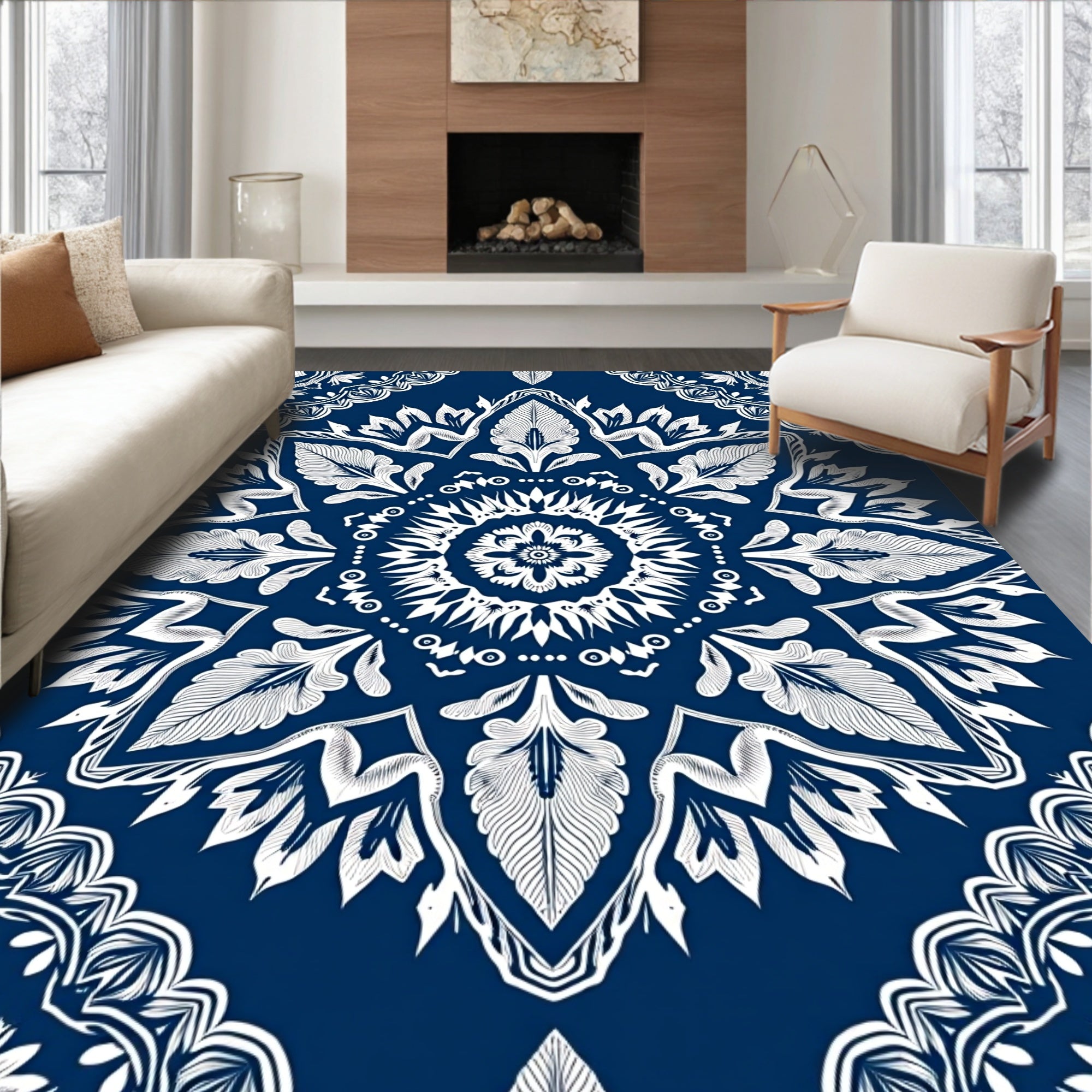 Navy Blue White Floral Medallion Mandala Rug