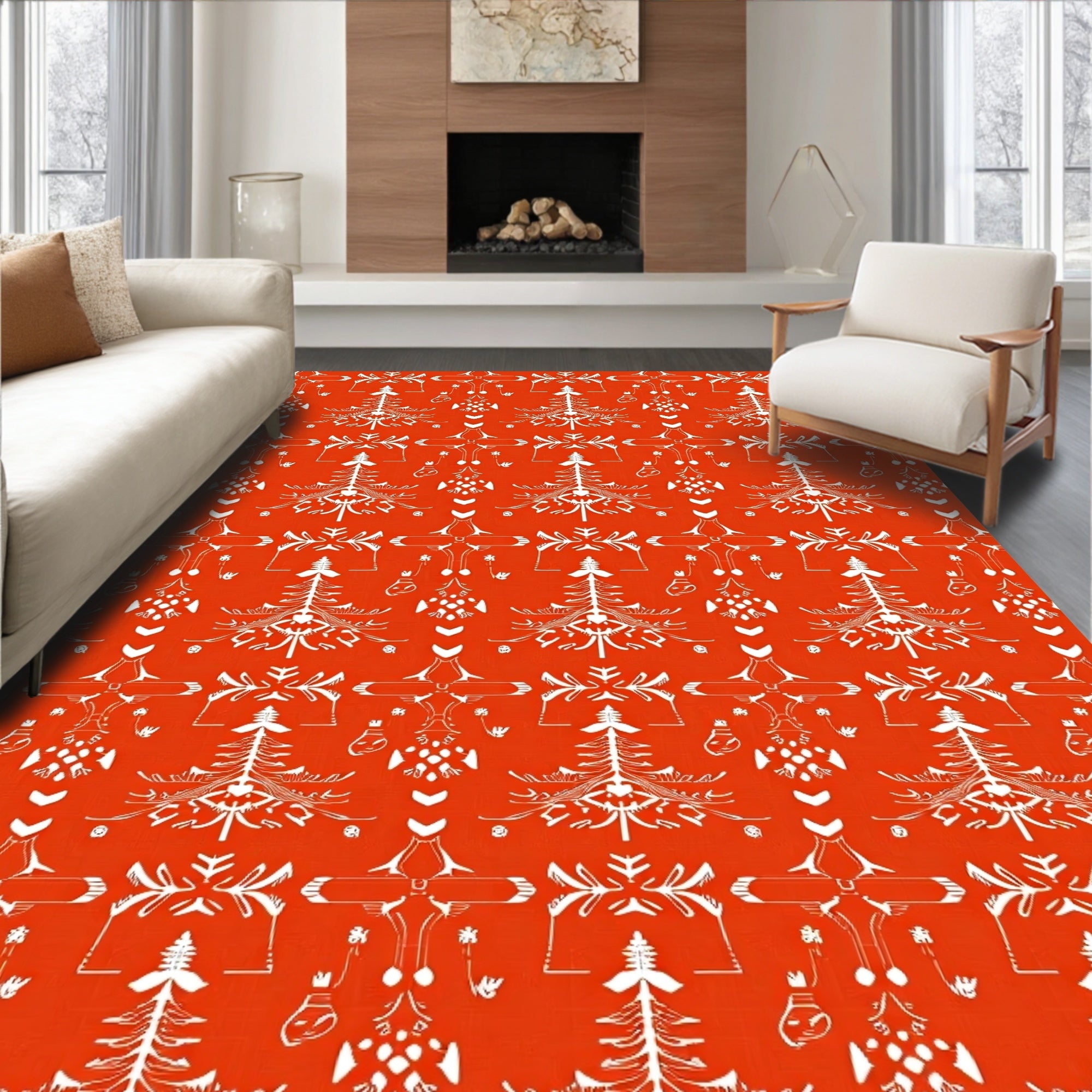 Orange White Folk Tree Medallion Rug