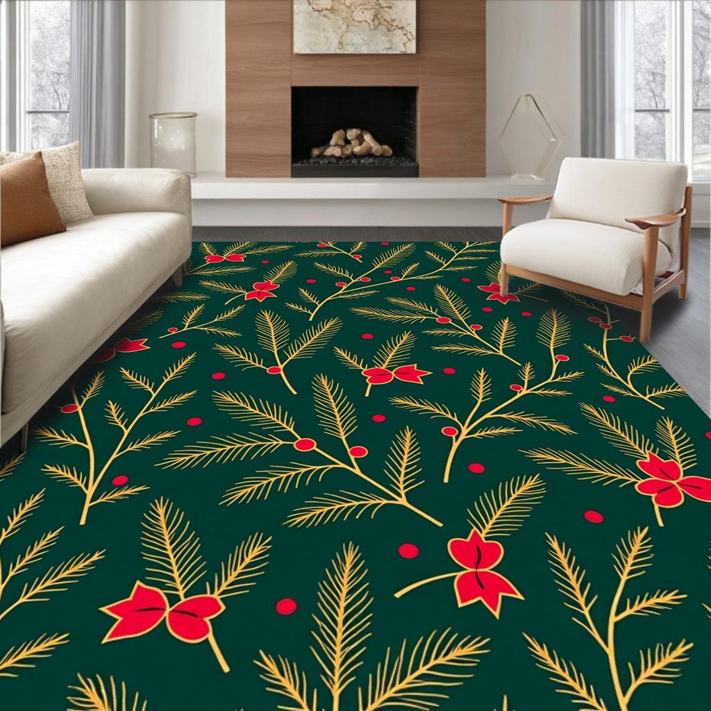 Green Pine Branch Red Bow Rug
