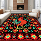 Rooster Floral Border Red Black Rug