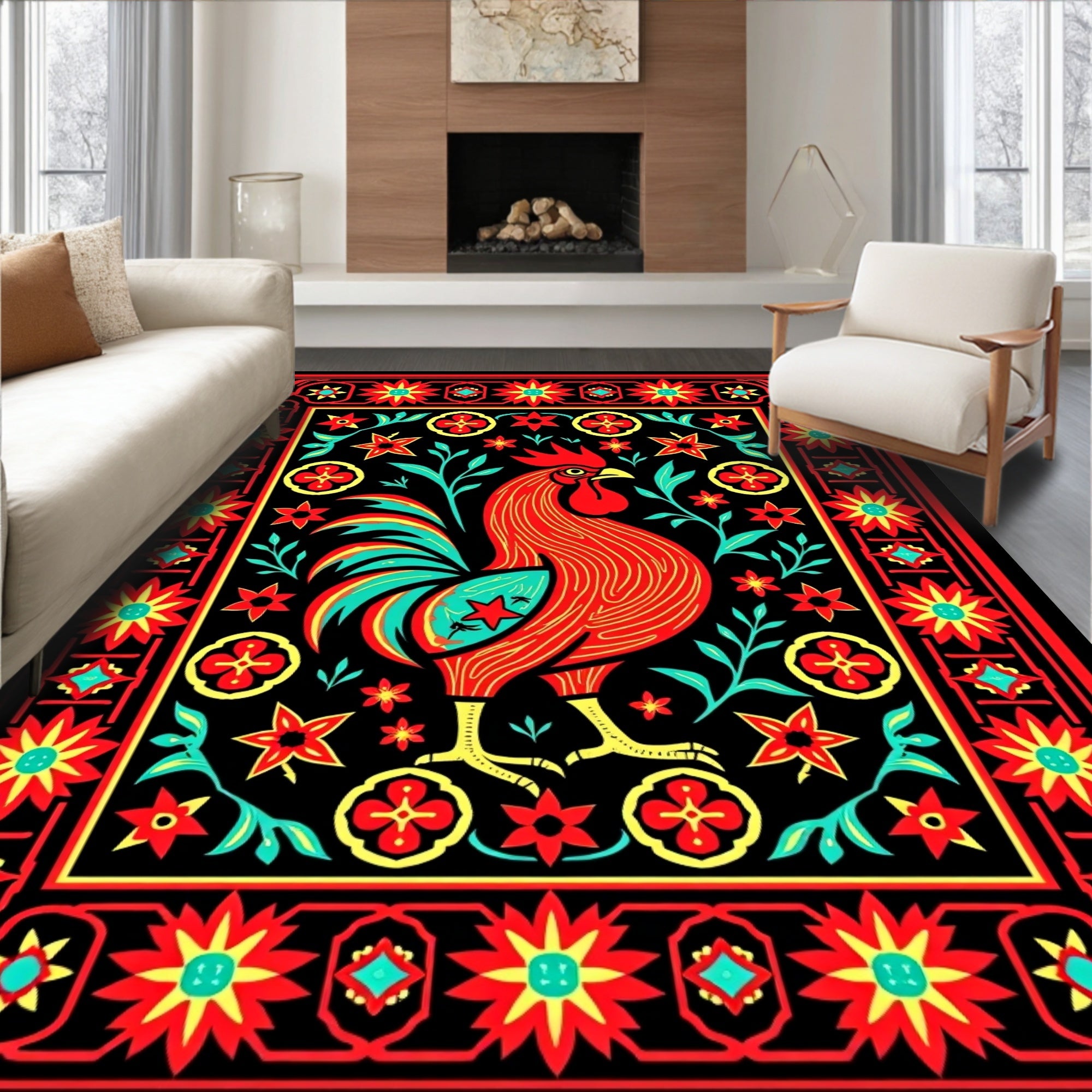 Rooster Floral Border Red Black Rug