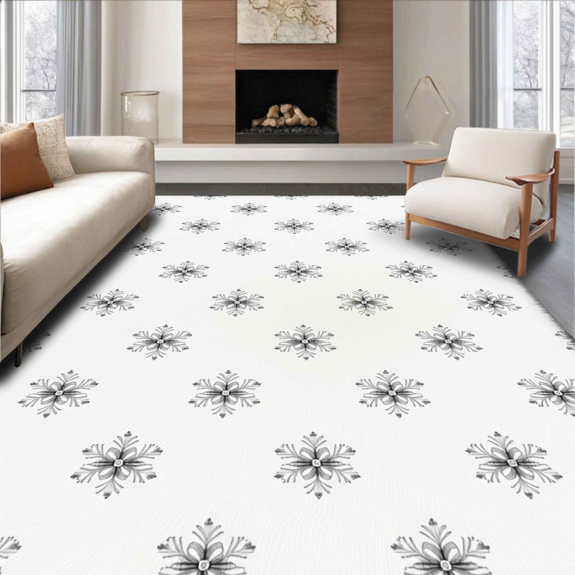 Gray Floral Snowflake Repeat Rug