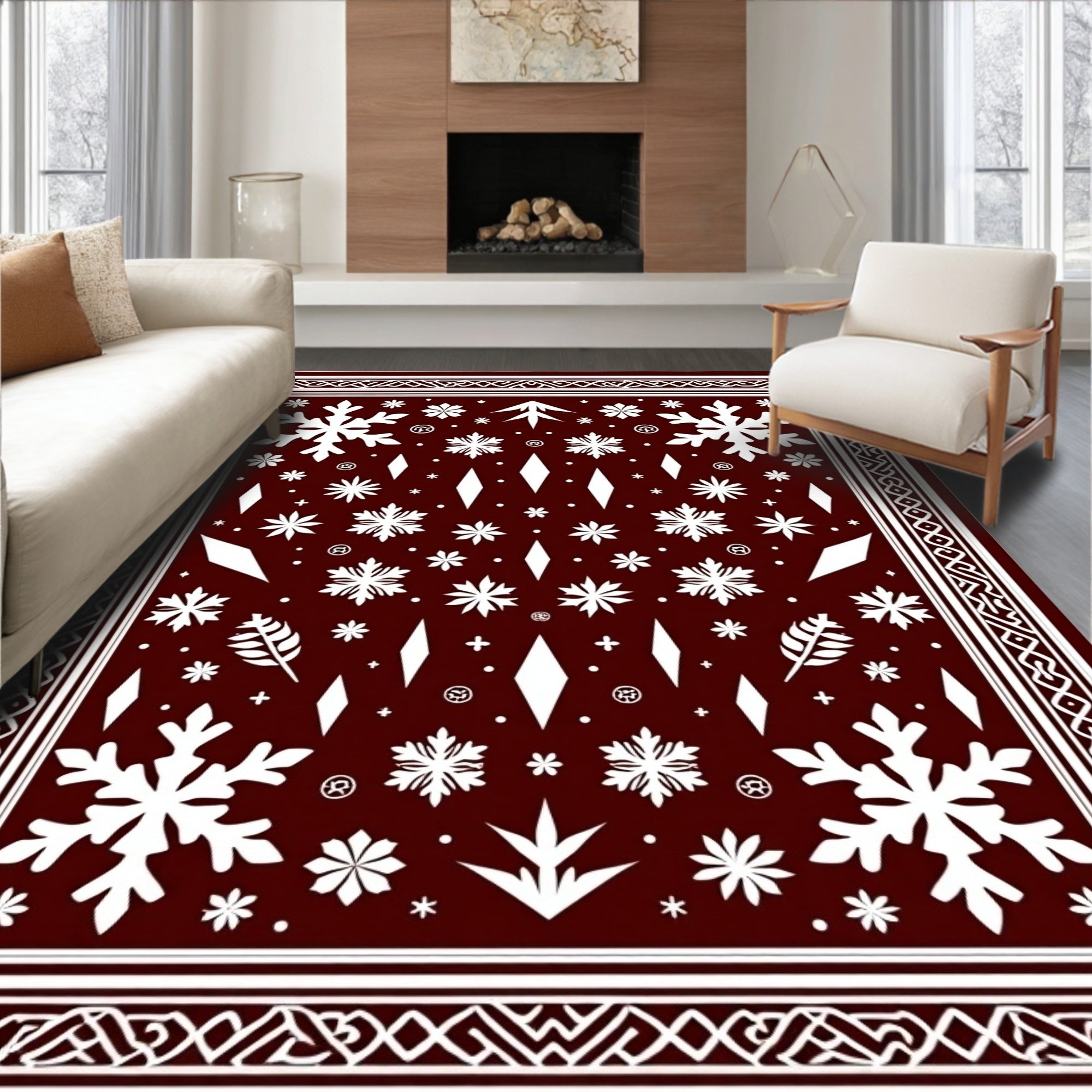 Deep Red Snowflake Winter Wonderland Rug