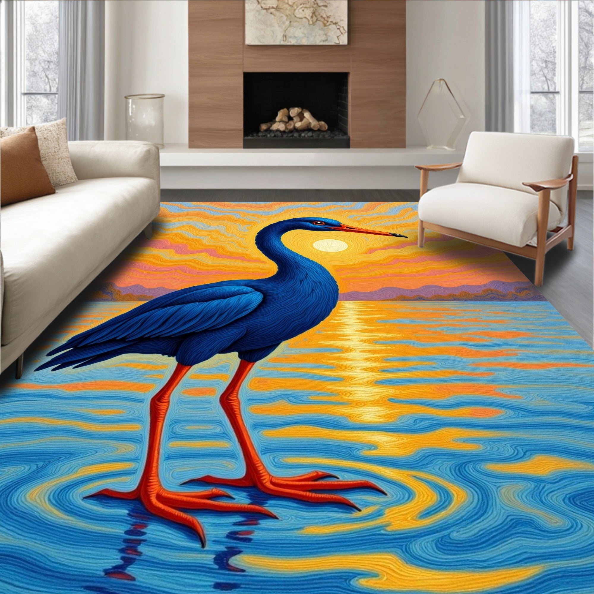 Sunset Heron In Rippling Water Rug