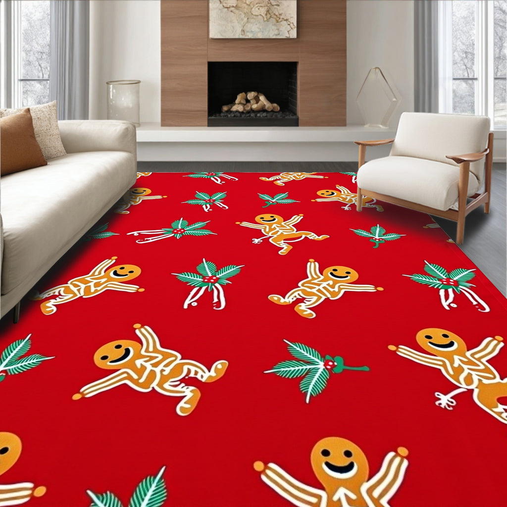Festive Red Gingerbread Man Holly Sprig Rug