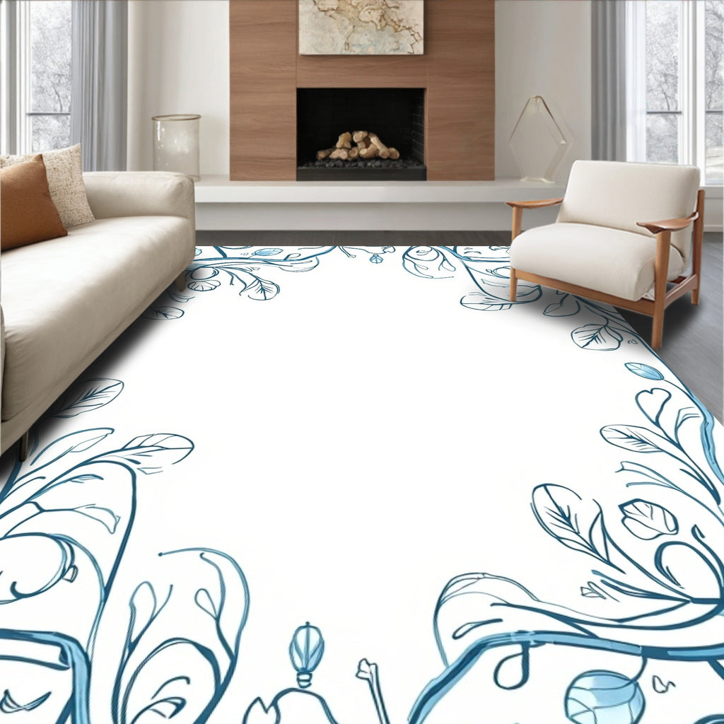 Delicate Teal Vine Floral Border Rug