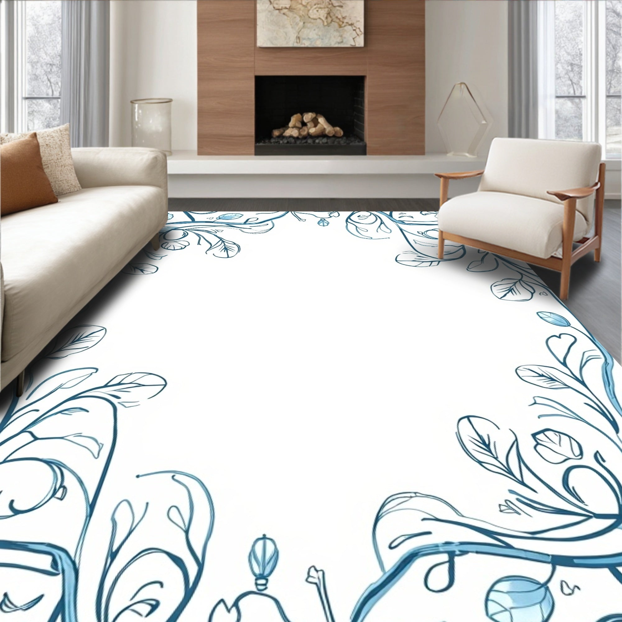 Delicate Teal Vine Floral Border Rug