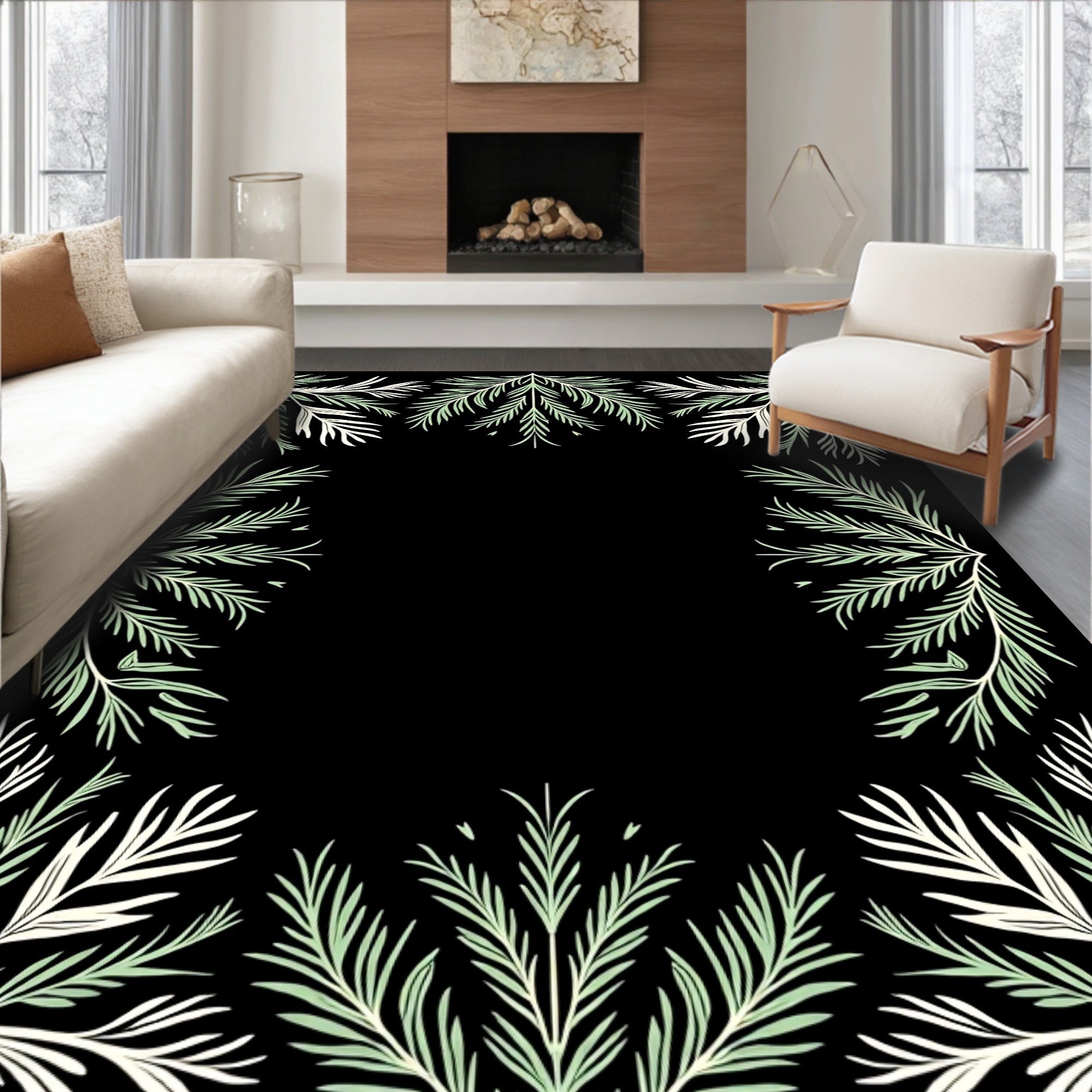 Soft Green Branch Border Frame Rug
