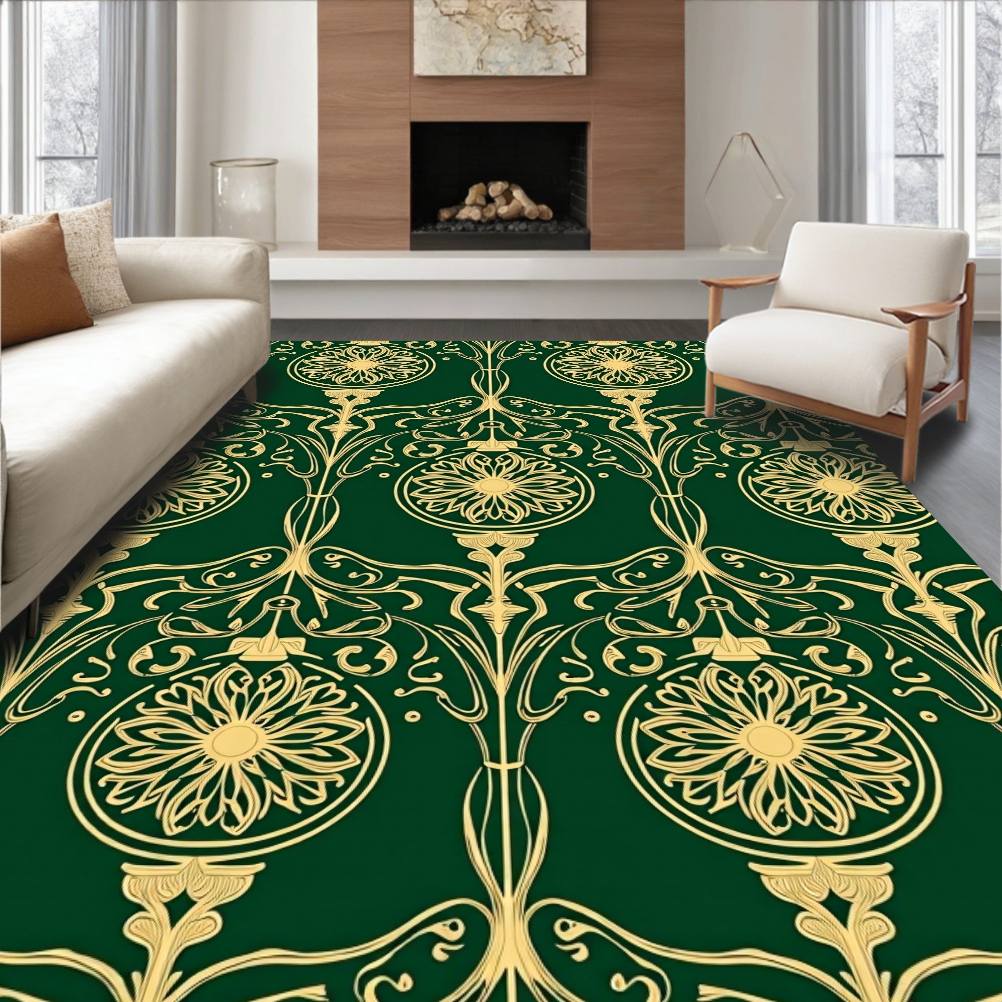Art Nouveau Gold Floral Swirl Green Rug