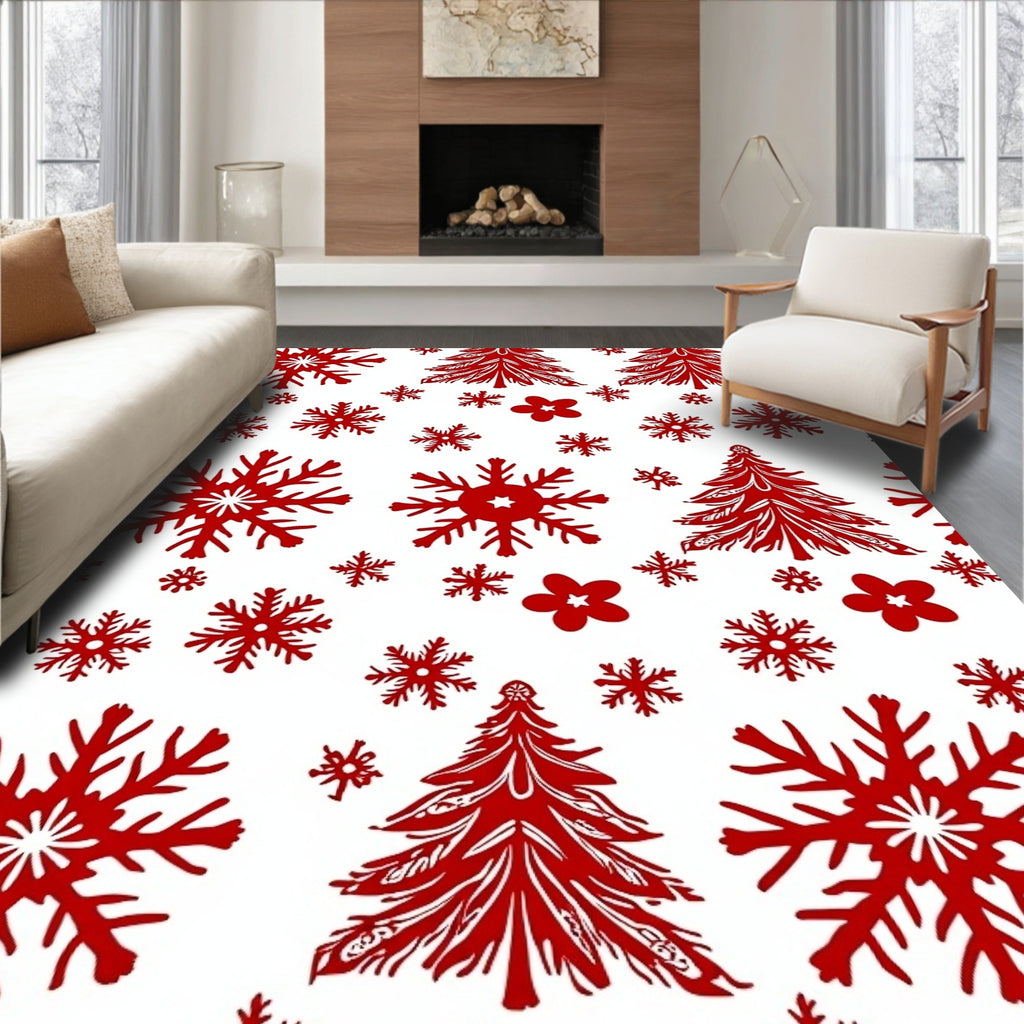 Red Snowflake and Christmas Tree Pattern Rug