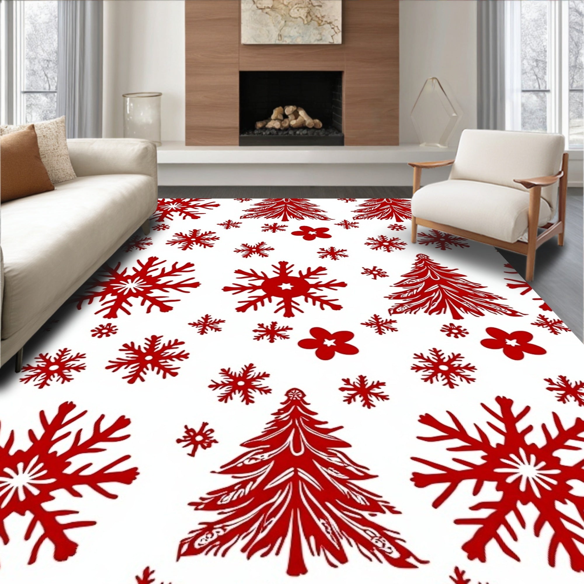 Red Snowflake and Christmas Tree Pattern Rug