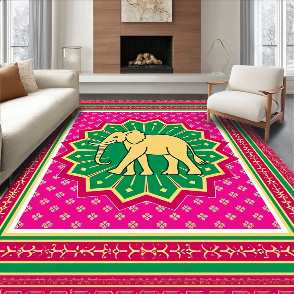 Golden Elephant Starburst Mandala Pink Rug