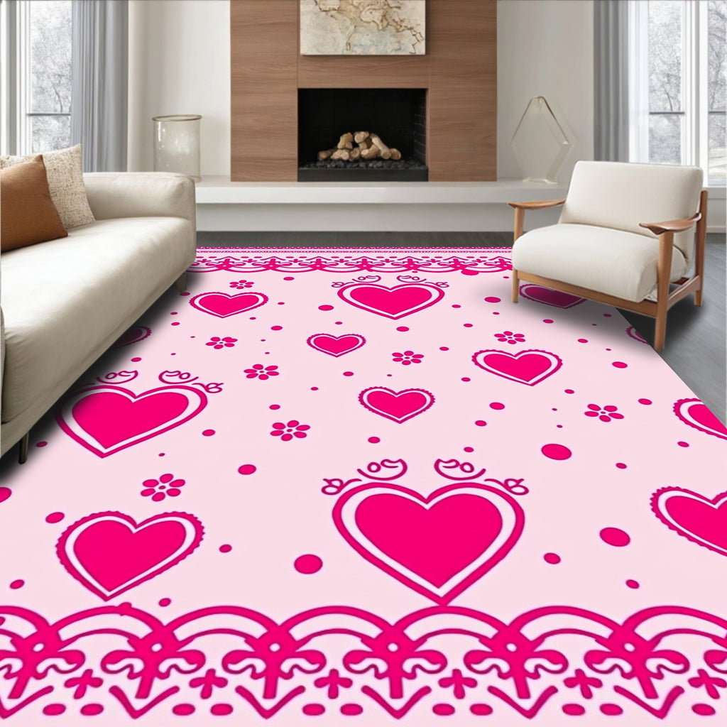 Pink Hearts Romantic Border Rug
