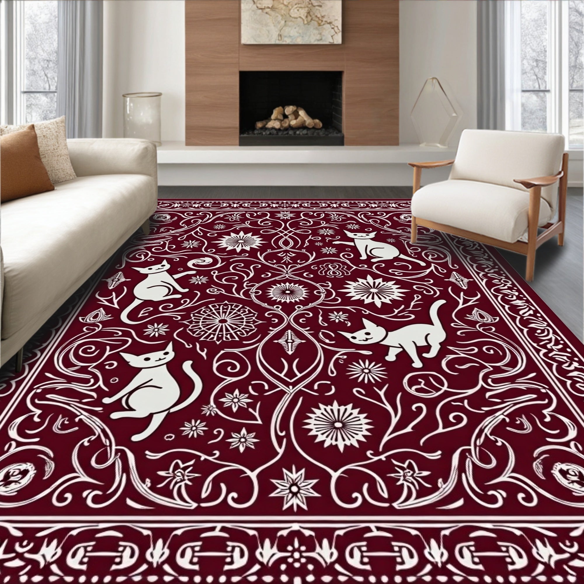 Crimson White Whimsical Cat Floral Rug