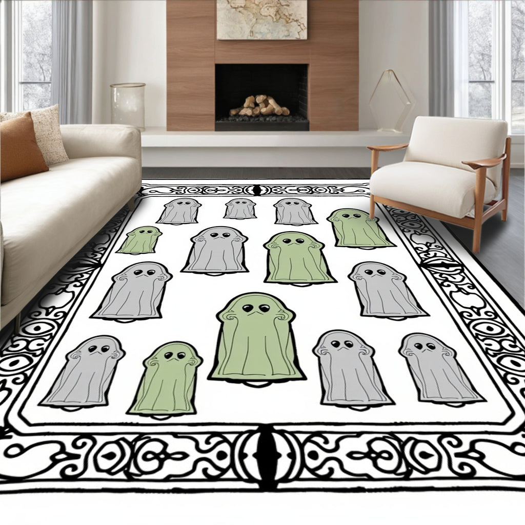Whimsical Green Gray Ghost Gathering Rug