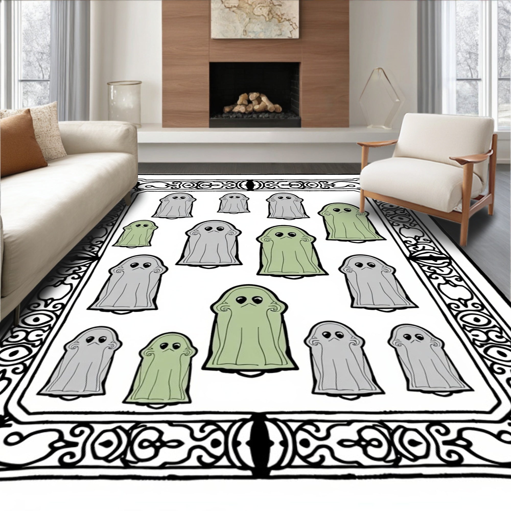 Whimsical Green Gray Ghost Gathering Rug