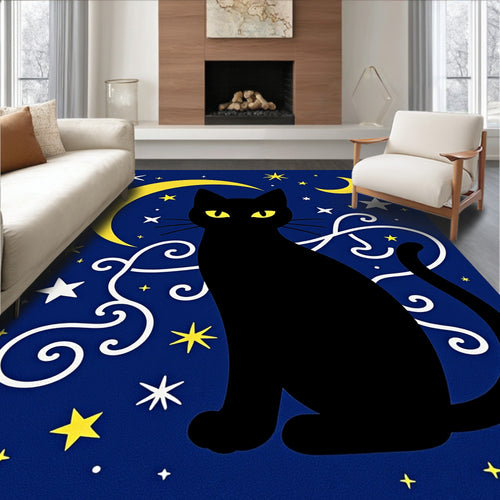 Black Cat on Starry Midnight Canvas Rug