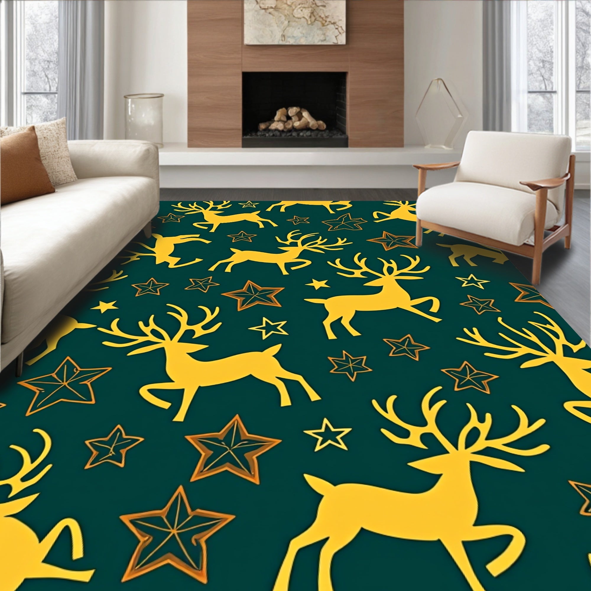 Golden Deer and Stars Forest Rug