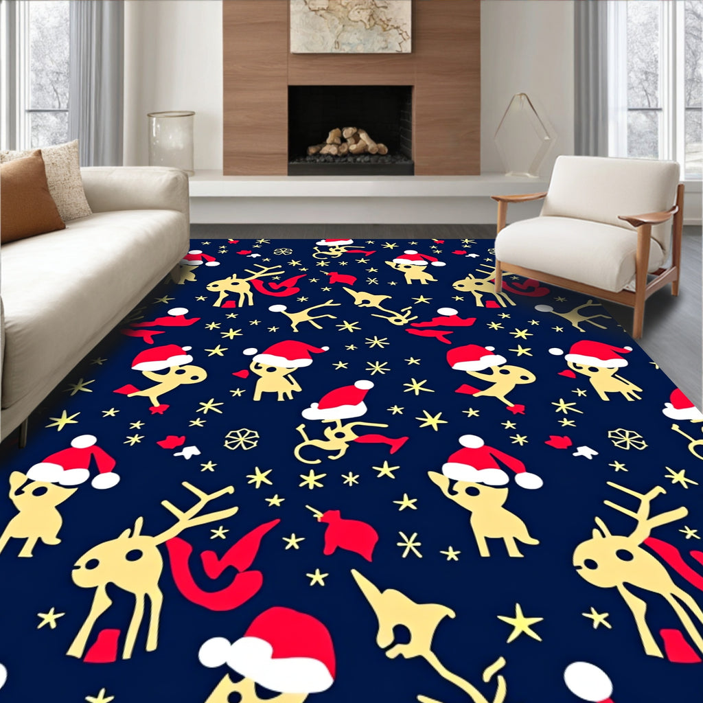 Festive Reindeer Santa Hat Stars Rug