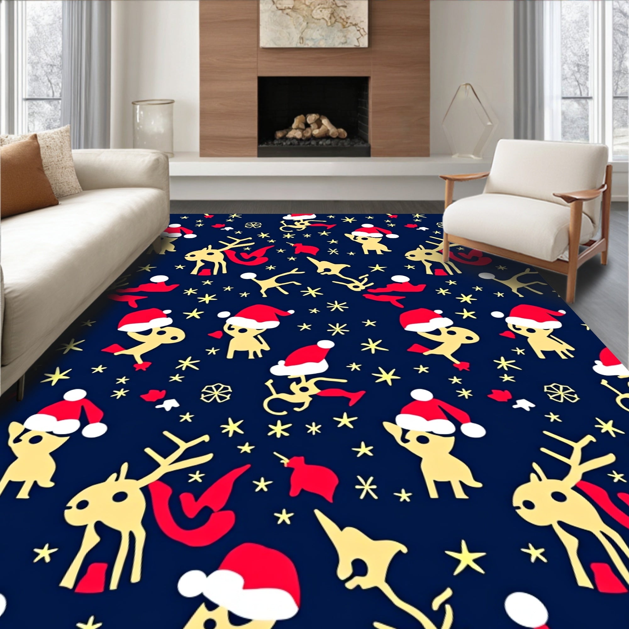 Festive Reindeer Santa Hat Stars Rug