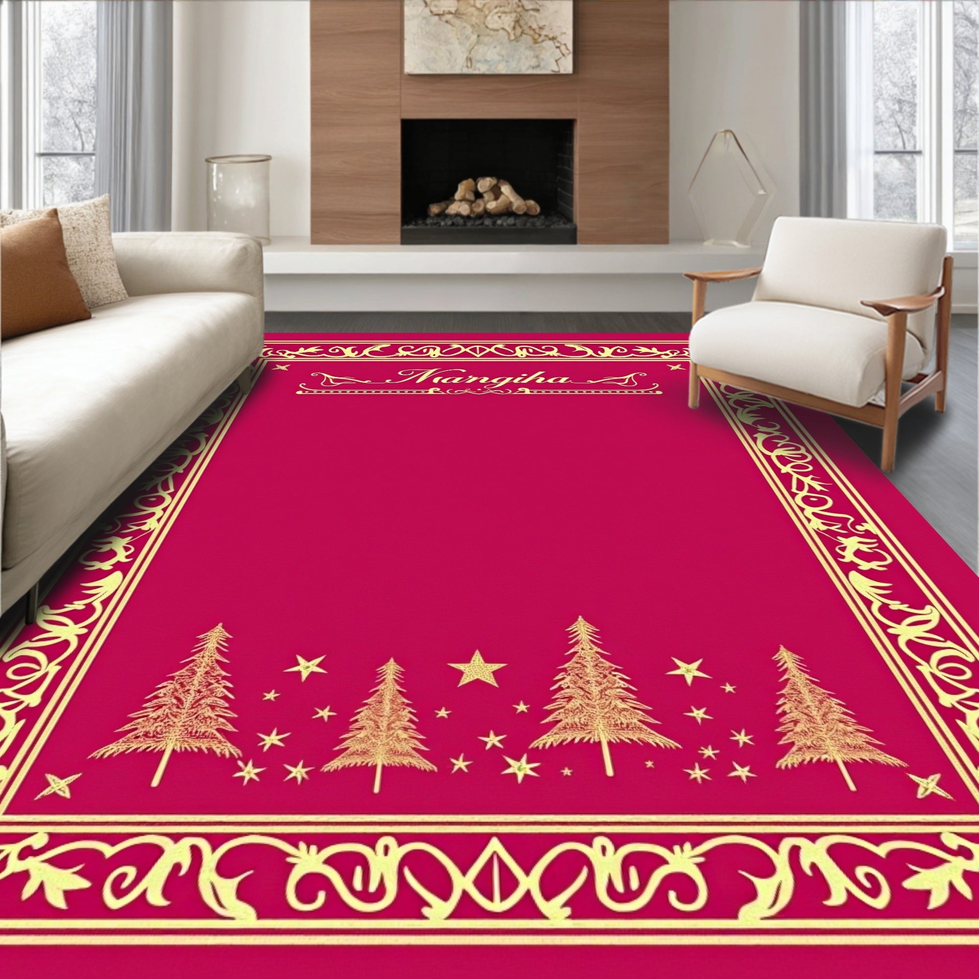 Ornate Crimson Trees and Stars Rug