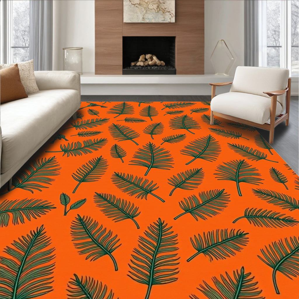 Vibrant Orange Green Palm Leaves Rug
