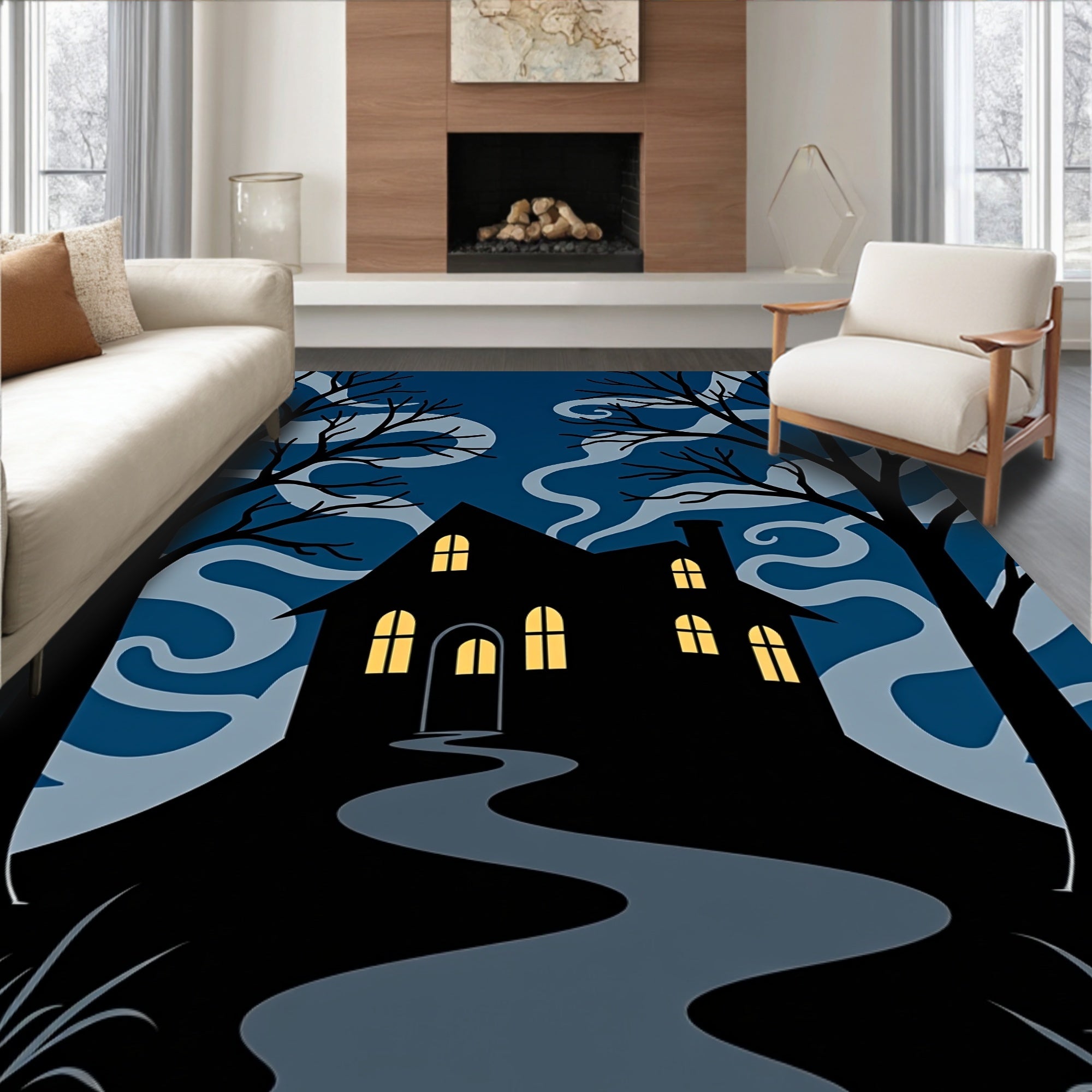 Spooky Silhouette Haunted House Path Rug