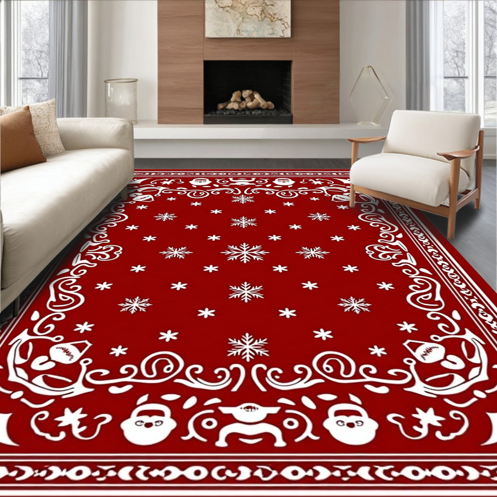 Crimson White Snowflake Festive Border Rug